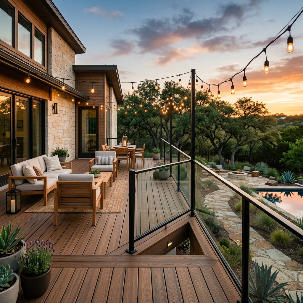 Modern composite deck with glass railing in Leander TX